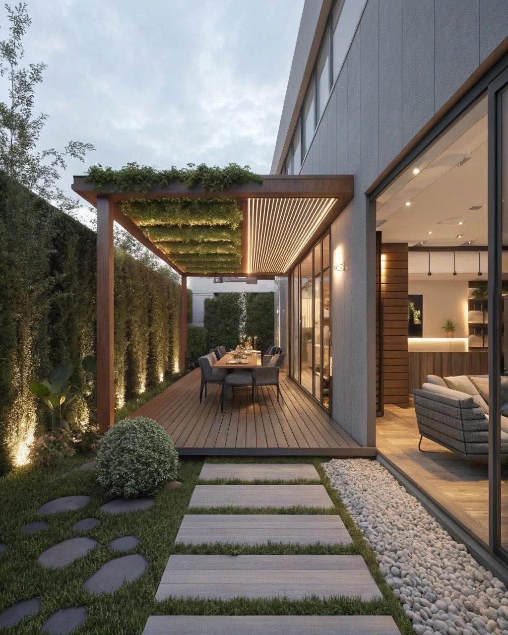 Luxury biophilic pergola with living wall, hardwood timber frame, and outdoor dining area at dusk