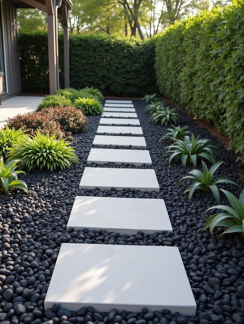 Natural travertine tile pathway with river rock borders and desert plants