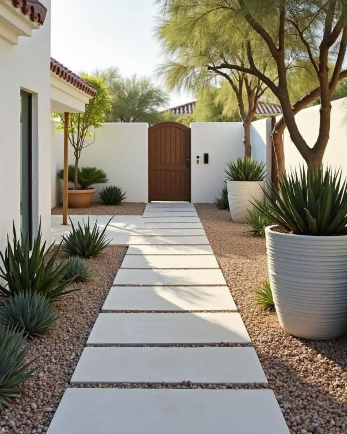 Large concrete stepping tiles with gray river rock border in backyard
